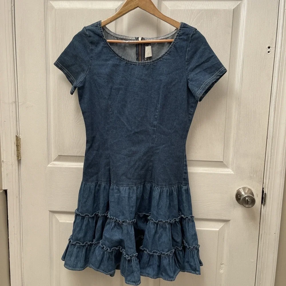 VTG Women's Chorus Blues‎ Denim Zipup Ruffle Dress Size 11 / 12 Cowgirl Country